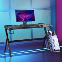 HOMCOM 55" Gaming Desk Racing Style Computer Table with LED Light Cup Gamepad Holder Headphone Hook Cable Management E-sport Study Workstation, Black(m-1)