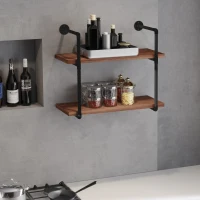 HOMCOM 2-Tier Industrial Pipe Shelves, Floating Wall Mounted Bookshelf, Metal Frame Display Rack for Living Room or Bedroom, Rustic Brown(m-8)