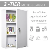 kleankin Steel Wall Mount Medicine Cabinet 3 Tier Emergency Box for Bathroom Kitchen, Lockable with 2 Keys - White(m-6)