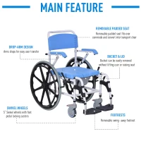 HomCom Rolling Shower Wheelchair Bath Toilet Commode Bariatric with 24" Wheels, Detachable Bucket & Shower-Proof Design, 17" Seat Width, Blue(m-5)