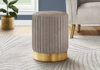 Monarch Upholstered Round Ottoman Pouf Stool with Metal Base - Light Brown Velvet / Gold Metal(m-2)