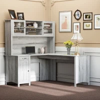 HOMCOM L-Shaped Desk with Hutch, Computer Desk with Drawers, Home Office Corner Desk Study Workstation Table with Storage Cabinets Shelves, Grey(m-8)