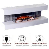 HOMCOM Wall Hanging Electric Fireplace Wood Mantle Mounted Home Heater 750W/1500W Stone Log Flame Stove w/ Remote Control White(m-4)