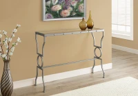 Monarch 42" Contemporary Tempered Glass Top Symmetrical Shapes Metal Frame Accent Hall Sofa Console Table - Silver Finish(m-2)