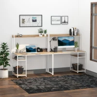 HOMCOM 94.5in Industrial Double Computer Desk with Hutch and Storage Shelves, Extra Long Two Person Home Office Desk, Writing Table Workstation for 2 People with CPU Stand, Oak Wood Grain(m-2)