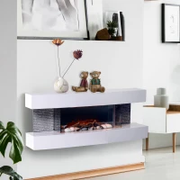 HOMCOM Wall Hanging Electric Fireplace Wood Mantle Mounted Home Heater 750W/1500W Stone Log Flame Stove w/ Remote Control White(m-2)