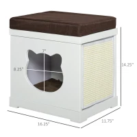 PawHut Wooden Cat Bed Cube House with Soft Padded Cushions, 2 Exterior Scratching Boards, & Interior Space, White(m-3)