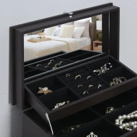 HOMCOM 3-Tier Jewelry Box Organizer with Glass Mirror and 6 Slots for Beauty Accessories, Costume Jewelry - Walnut(m-11)