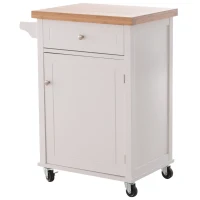 Open Box HOMCOM 27.5" Pine Wood Bamboo Portable Rolling Kitchen Island Cart with Wheels - White(m-5)