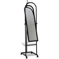 HOMCOM 65" Steel Rolling Floor Mirror Free Standing Tilt Dressing Mirror with Storage Home Furniture Black(m-2)