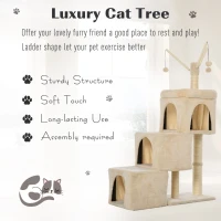 PawHut 3- Levels Plush Cat Tree Tower Ladder Shape Activity Center with Sisal Scratching Posts 3 Condos Funny Sticks and Balls, Beige(m-4)