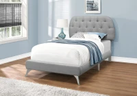 Monarch Twin Size Contemporary Upholstered Bed Frame with Padded Diamond Tufted Headboard and Curved Chrome Legs - Grey Linen Look(m-2)