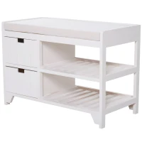 HOMCOM Compact Rustic Padded Wooden Shoe Rack Bench Organizer With Drawers - Country White(m-1)