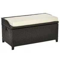 Outsunny 38 Gallon Outdoor Wicker Storage Bench Deck Box, PE Rattan Patio Furniture Pool Storage Bin Container with Interior Waterproof Cloth Bag and Comfortable Cushion, White(m-1)
