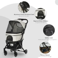 PawHut Travel Pet Stroller for Dogs, Cats, One-Click Fold Jogger Pushchair with Aluminum Frame, EVA Wheels, Brakes, Basket Storage, Safety Belts, Adjustable Canopy, Zippered Mesh Window Door, Beige(m-6)