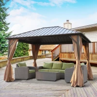 Outsunny 10' x 12' Hardtop Gazebo with Curtains and Netting, Permanent Pavilion Metal Roof Gazebo Canopy with Aluminum Frame and Top Hook, for Garden, Patio, Deck, Backyard, Brown(m-8)