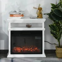 HOMCOM Electric Fireplace with Shelf, Storage Rack, Side Console Table, LED Log Flame, Auto Cut-Off, Remote Control, White(m-2)
