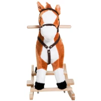 Qaba Kids Plush Toy Rocking Horse, Wooden Ride-on Chair, Plush Animal Rocker with Realistic Sounds and Moving Tail for Toddlers, Brown(m-11)
