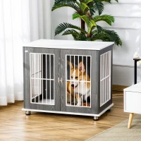 PawHut 34'' 2-in-1 Wooden Dog Kennel, Modern Wire Animal Crate, Pet Cage with Lockable Door and Adjustable Foot Pads, for Small and Medium Dogs, Grey and White(m-2)