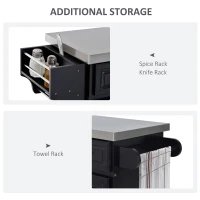 HOMCOM Rolling Kitchen Island with Storage, Portable Kitchen Cart with Stainless Steel Top, 2 Drawers, Spice, Knife and Towel Rack and Cabinets, Black(m-5)