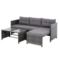 Outsunny 3 Piece Patio Furniture Set, Rattan Outdoor Sofa Set with Chaise Lounge & Loveseat, Soft Cushions, Tempered Glass Table, L-Shaped Sectional Couch, Gray(m-1)