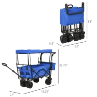DURHAND Folding Push Pull Collapsible Wagon with Canopy and All-Terrain Wheels, Utility Rolling Cart Stroller for Beach and Shopping, Blue(m-3)