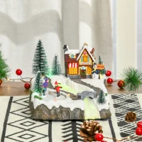 HOMCOM Christmas Village, Rotating Skating Pond Animated Winter Wonderland Set with Multicolored LED Light, Music, Fiber Optic, Battery-Operated Christmas Decoration(m-8)