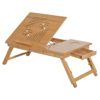HomCom 22” Adjustable Wooden Folding Bamboo Laptop Bathtub Tray Table With Storage Drawer(m-1)