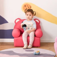 Qaba Mini Kids Sofa with Bear Design and Ergonomic Backrest, Small & Lightweight Armchair for Art, Homework, & Reading, with Easy to Clean Surface, Rose Red(m-9)