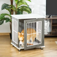 PawHut Wooden Dog Kennel, Furniture End Table with Lockable Door, Small Size Pet Crate Indoor Animal Cage, Grey(m-2)