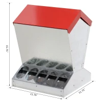 PawHut Rat Proof Auto Large Chicken Feeder Against any Other Animals Galvanized Steel Poultry Feeders Size for 10 Chickens Holds up to 10 L of Feeds Silver/Red(m-3)