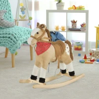 Qaba Kids Plush Rocking Horse - Beige Cowboy Rocker with Realistic Sounds, Fun & Safe Ride-on Toy for Toddlers(m-8)
