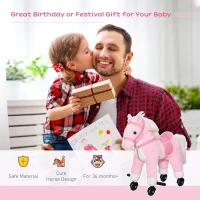 Qaba Kids Ride on Walking Horse Pony Plush Walking Animal with Wheels and Realistic Sounds for 3 Years Old Children - Pink(m-5)