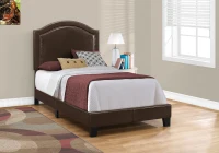 Monarch Twin Size Contemporary Upholstered Bed Frame with Brass Nail Head Trim and Wood Legs - Brown Leather Look(m-2)