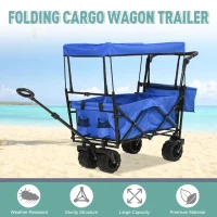 DURHAND Folding Push Pull Collapsible Wagon with Canopy and All-Terrain Wheels, Utility Rolling Cart Stroller for Beach and Shopping, Blue(m-4)