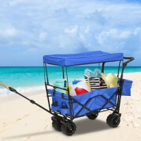 DURHAND Folding Push Pull Collapsible Wagon with Canopy and All-Terrain Wheels, Utility Rolling Cart Stroller for Beach and Shopping, Blue(m-2)