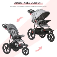 Qaba Baby Stroller Foldable Carriage for Toddler with Adjustable Backrest and Canopy Suspension System Rubber Tire 5-Point Harness Cup Holder Storage Basket Grey(m-6)