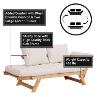 HomCom 3 Position Convertible Chaise Lounge Sofa Bed - Natural Wood/ Cream White(m-4)
