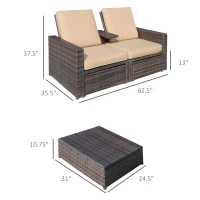 Outsunny Outdoor Patio Loveseat Set, 3 Piece PE Wicker Furniture with 2 Seats, Built-in Table, 2 Ottoman Storage Bins, All-Weather Reclining Lounge, Cushions, Brown(m-3)