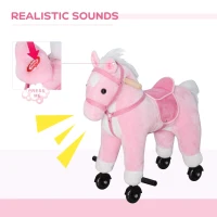 Qaba Kids Ride on Walking Horse Pony Plush Walking Animal with Wheels and Realistic Sounds for 3 Years Old Children - Pink(m-7)