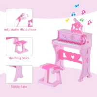 Qaba 37-Key Kids Princess Electronic Piano Toddler Toy Keyboard with Stool, MP3, Record, Light and Microphone for 3 years+, Pink(m-6)