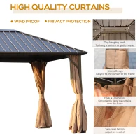 Outsunny 10' x 12' Hardtop Gazebo with Curtains and Netting, Permanent Pavilion Metal Roof Gazebo Canopy with Aluminum Frame and Top Hook, for Garden, Patio, Deck, Backyard, Brown(m-5)