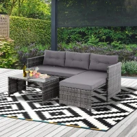 Outsunny 3 Piece Patio Furniture Set, Rattan Outdoor Sofa Set with Chaise Lounge & Loveseat, Soft Cushions, Tempered Glass Table, L-Shaped Sectional Couch, Gray(m-2)