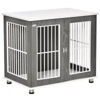 PawHut 34'' 2-in-1 Wooden Dog Kennel, Modern Wire Animal Crate, Pet Cage with Lockable Door and Adjustable Foot Pads, for Small and Medium Dogs, Grey and White(m-1)