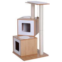 PawHut 40" Modern Cat Tree Multi-Level Scratching Post with 2 Cube Cave Enclosures - Oak Wood and White(m-4)