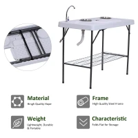 Outsunny 50" Portable Folding Camping Table with Sink, Faucet, Dual Stainless Steel Basins, and Accessories for Fish Cleaning(m-4)