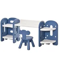 Qaba Kids Table and Chair Set, Activity Desk with Bookshelf & Storage for Study, Activities, Arts, or Crafts, Blue and White(m-1)