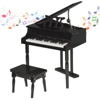 HOMCOM Modern Kids Piano 30 Keys Set of 2 Mini Toy for Child Grand Piano with Music Stand and Bench - Black(m-1)