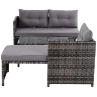 Outsunny 3 Piece Patio Furniture Set, Rattan Outdoor Sofa Set with Chaise Lounge & Loveseat, Soft Cushions, Tempered Glass Table, L-Shaped Sectional Couch, Gray(m-7)