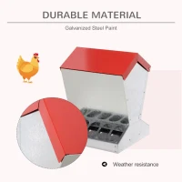 PawHut Rat Proof Auto Large Chicken Feeder Against any Other Animals Galvanized Steel Poultry Feeders Size for 10 Chickens Holds up to 10 L of Feeds Silver/Red(m-4)